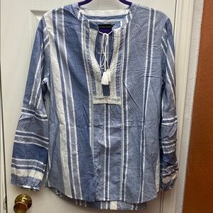 Ivanka Trump Blue and White Cuffed Sleeve Blouse Size M